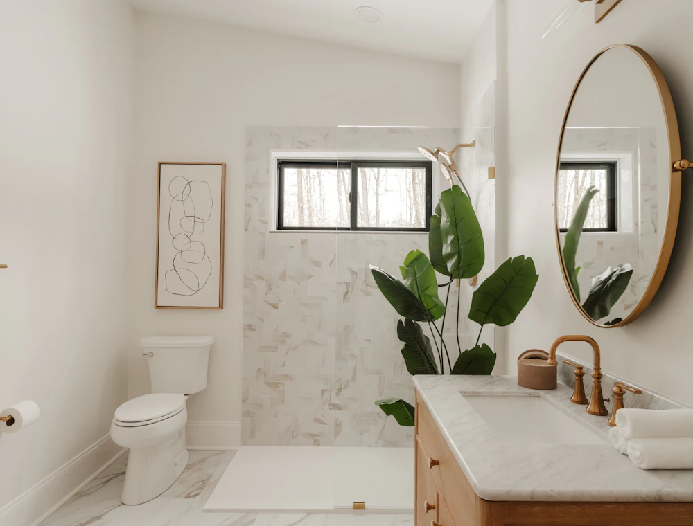 Clean modern bathroom with marble and a plant